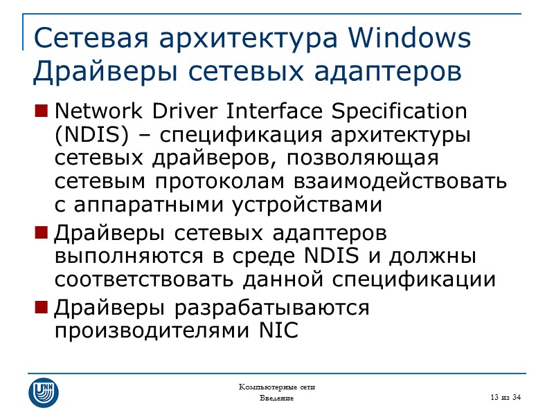 Компьютерные сети Введение 13 из 34 Сетевая архитектура Windows Драйверы сетевых адаптеров Network Driver